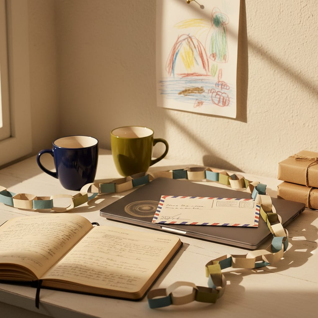A writing desk with letters home, airmail envelopes and a field notebook